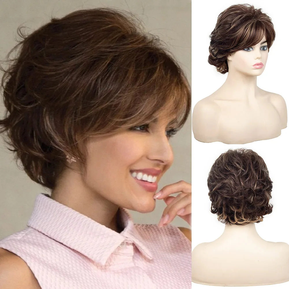 

Short Fluffy Light Brown Layered Bob Wig with Side Part - Natural Elegant Style for Women