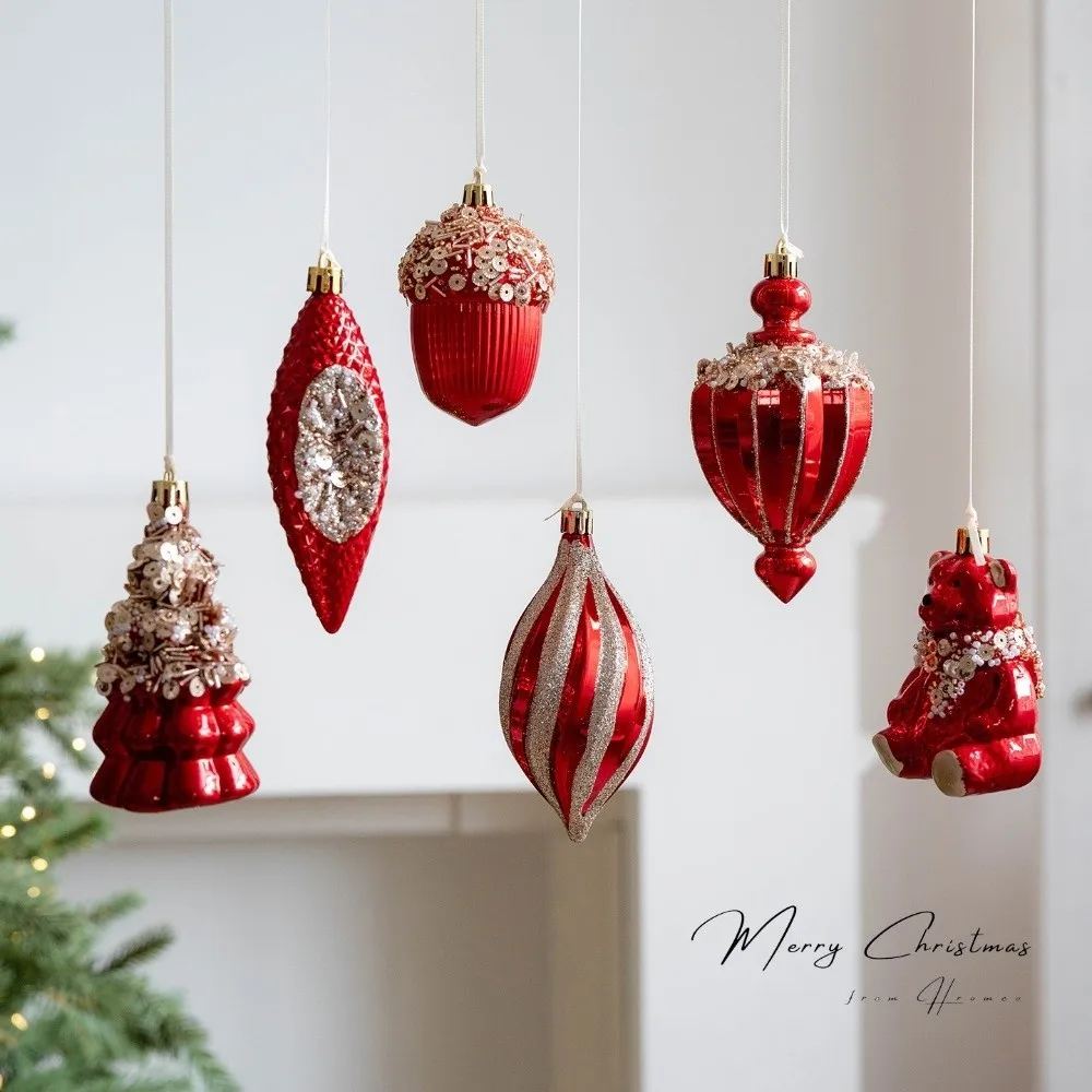 

Red Christmas Tree Pendants Plastic Shatterproof Glitter Little Bear Ornaments Acorn DIY Crafts Xmas Tree Pendant