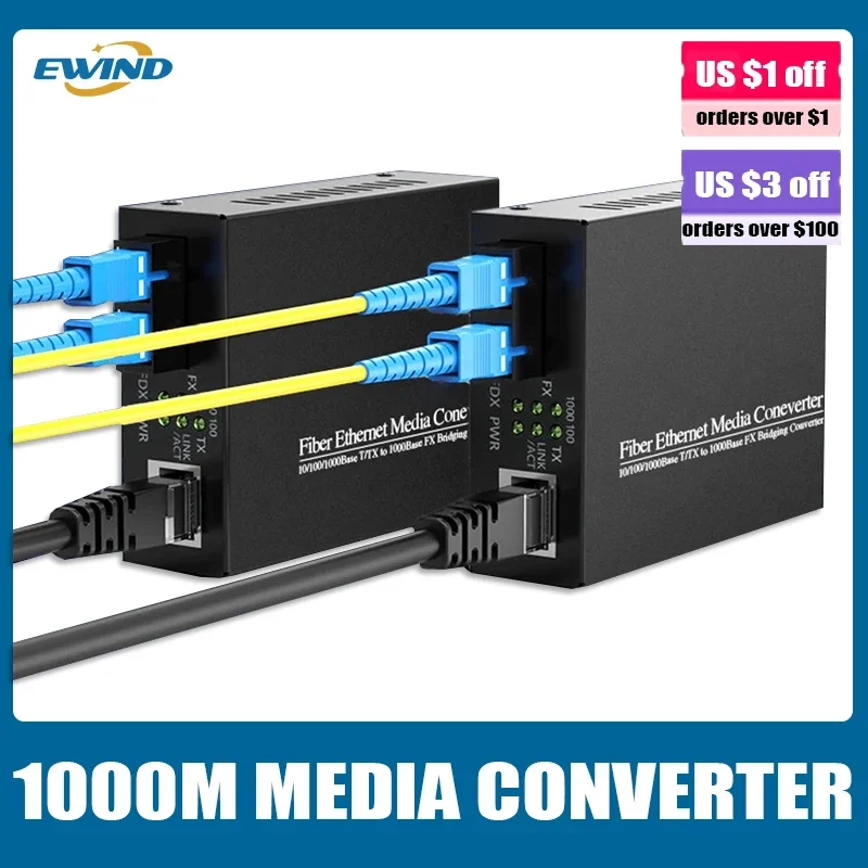 EWIND Gigabit Dual Fiber Media Converter with Built-in 1Gb Multi-Mode SC Transceiver 10/100/1000M RJ45 To 1000Base-LX Up To 2km