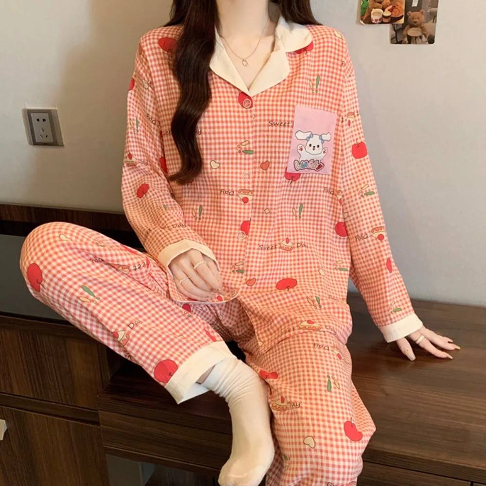 

Новинка 2025, женские осенние пижамы с длинными рукавами и лацканами, милая клетчатая одежда для сна с героями мультфильмов, домашняя одежда, женские повседневные комплекты одежды, домашняя одежда