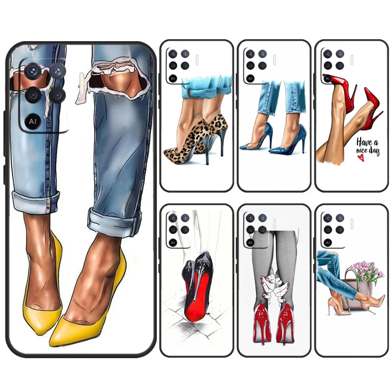 Fashion High Heels For OPPO A74 A94 A54 A58 A78 A98 A16 A76 A96 A15 A17 A77 A5 A9 A52 A72 A79 A57S A53S Case