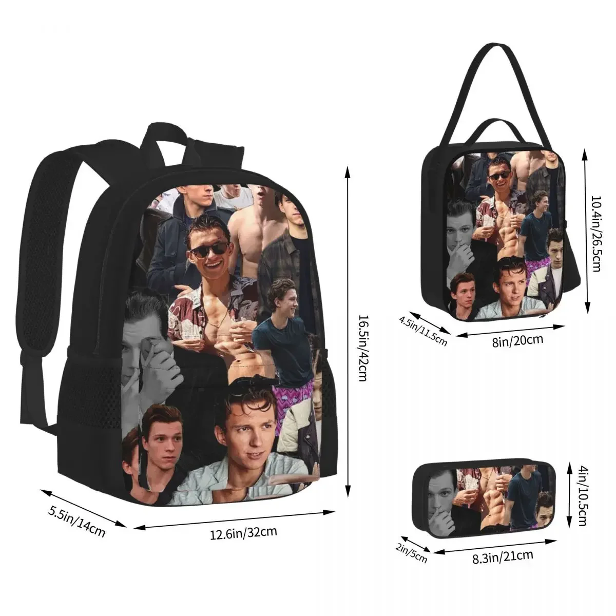 Tom Holland Collage Mochilas para meninos e meninas, mochilas escolares para estudantes, mochila dos desenhos animados, lancheira, caneta, conjunto de 3 peças