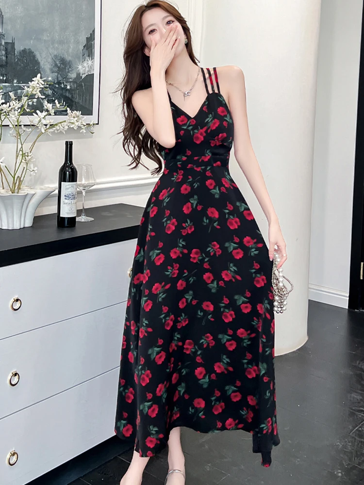 Summer Black Chiffon Chic Ruffled Floral Sling Long Dress Women Korean Vintage Evening Dress 2025 Elegant Bodycon Party Vestidos