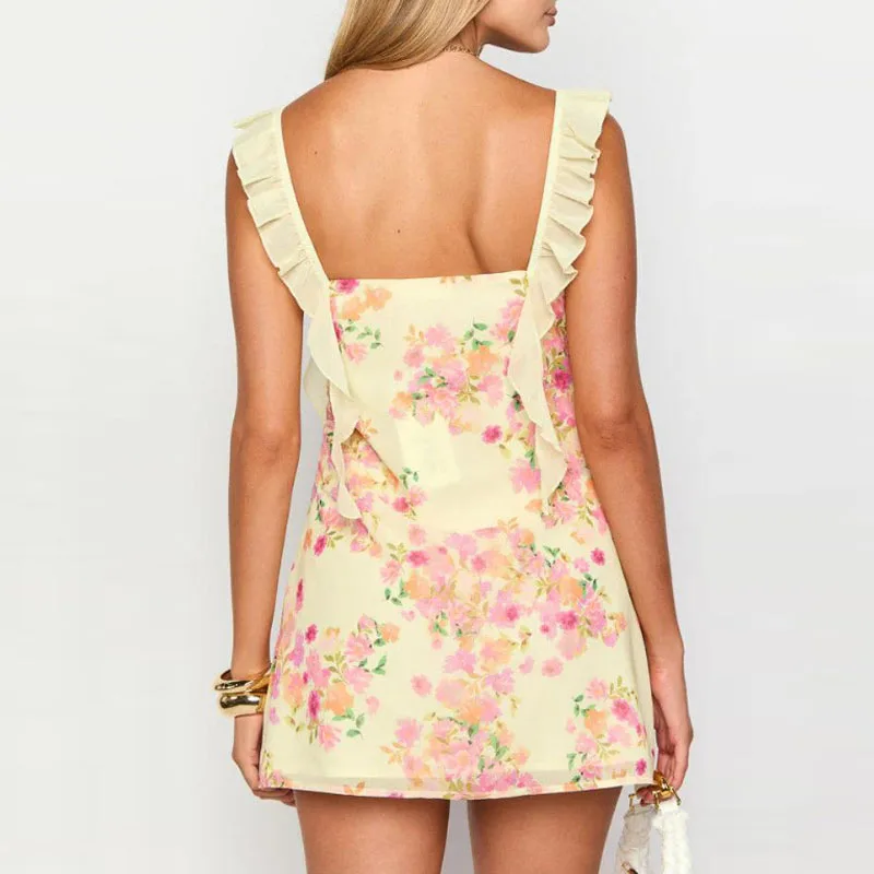 Robe à bretelles à volants, épaules dénudées, Sexy, élégante, imprimé floral, coupe cintrée, courte, mode femmes, dos nu, Mini robe sans manches