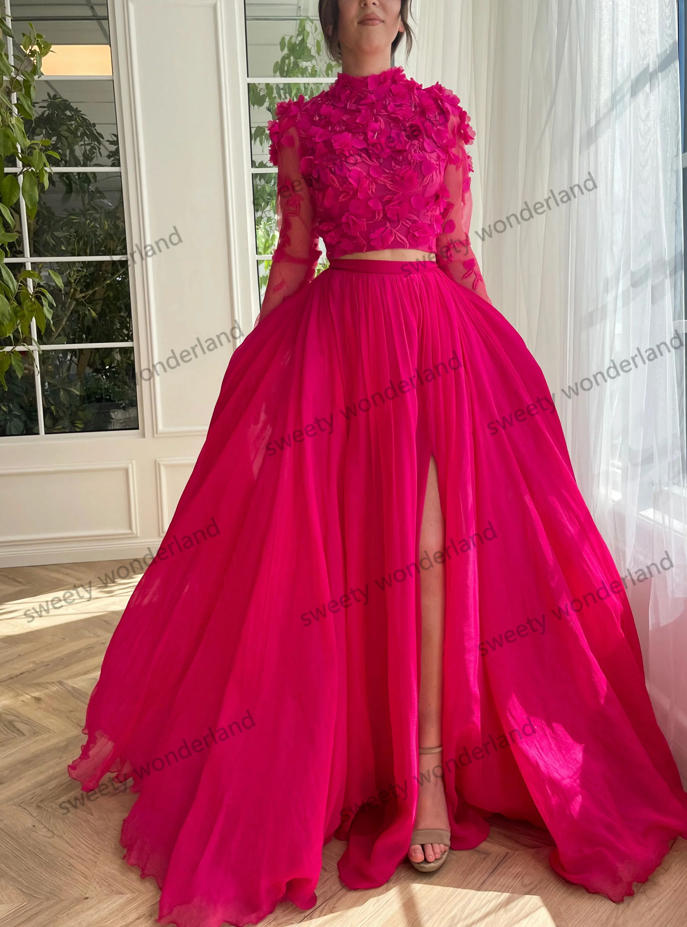 Fuchsia 2 Pcs Prom Dresses with Slit Lace 3D Floral Appliques Maxi Gown Women Long Sleeves Evening Party vestido de novia