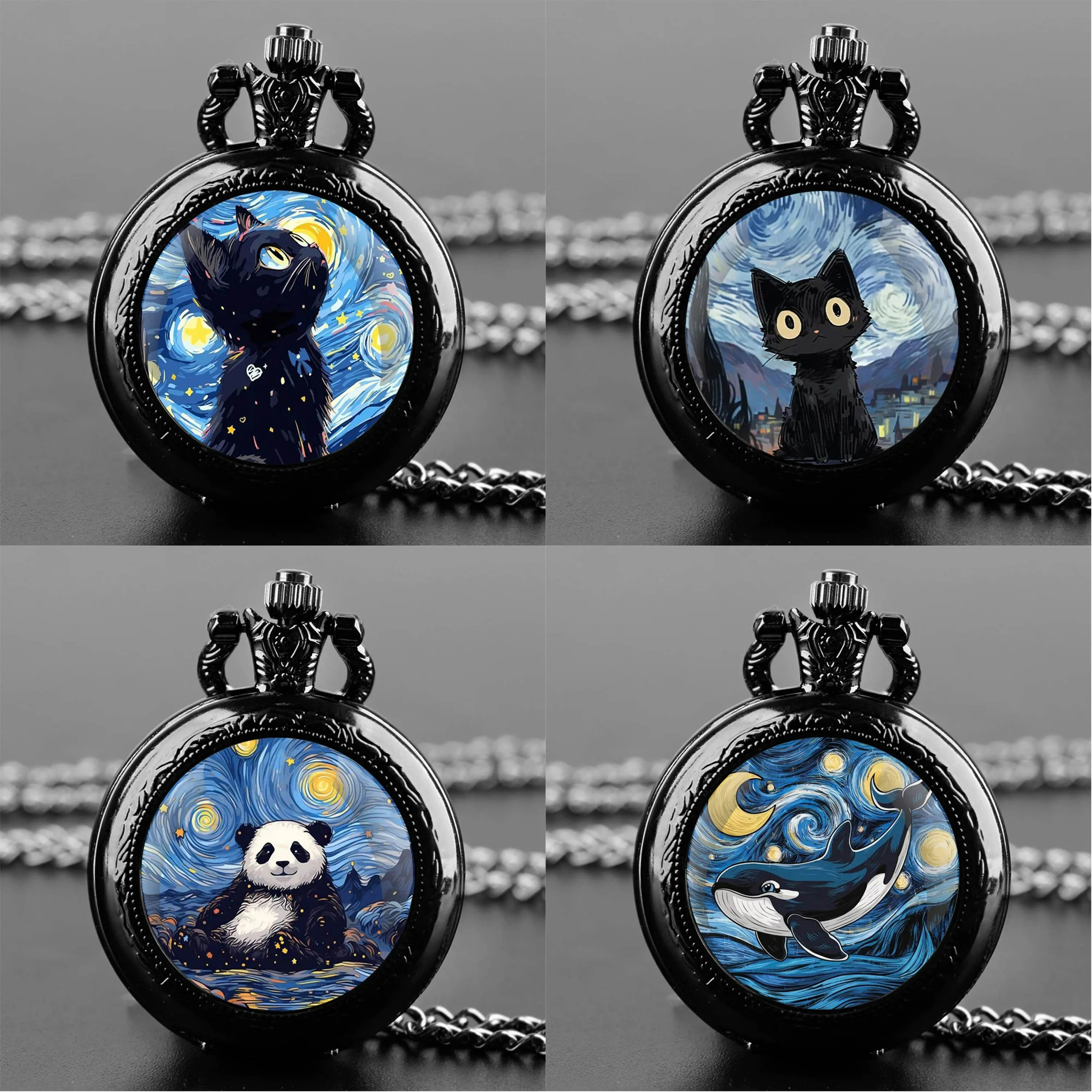 فان جوخ اللوحة السماء المرصعة بالنجوم القط الباندا ساعات الجيب الكوارتز قلادة قلادة خمر للرجال النساء طفل هدية تذكارية #1