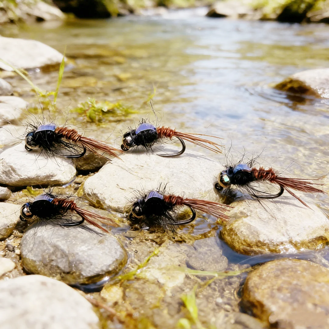 5 Stück # 14 Barbless Tungsten Jig Nymphen-Fliegen mit Fasanenschwanz, Euro-Nymphen, Nassfliegen für Forellen-, Grauelfen- und Weißfischangeln – Detail 5