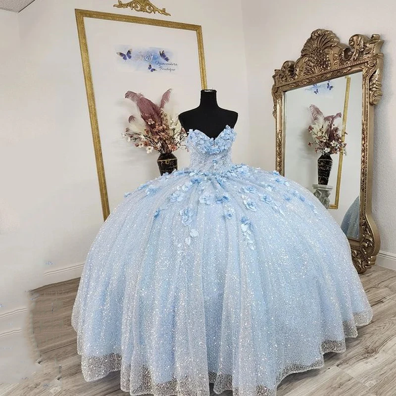 

Light Sky Blue Sexy Sweetheart Quinceanera Dresses Ball Gown Off Shoulder Sweet 16 Dress 3D Rose Flowers Celebrity Party Gowns