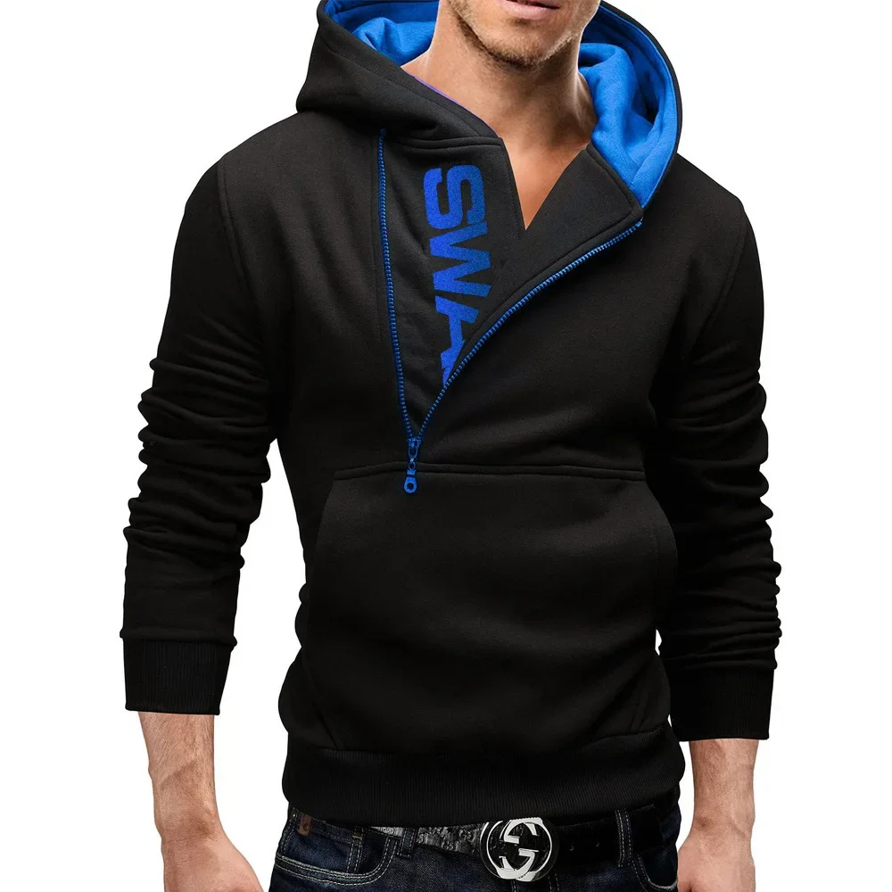 2024 new pullover side zipper contrasting casual hooded men's plush hoodie