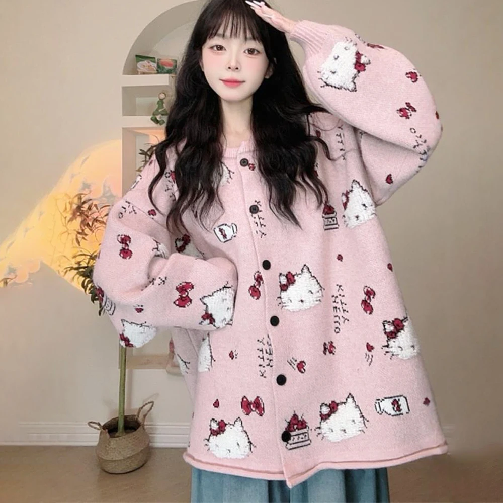 Cute Cardigan Sweater Coat Hello Kitty Kawaii Sanrioed Anime Embroidery Knitting Tops Cartoon Sweet Girls Student Casual Coat