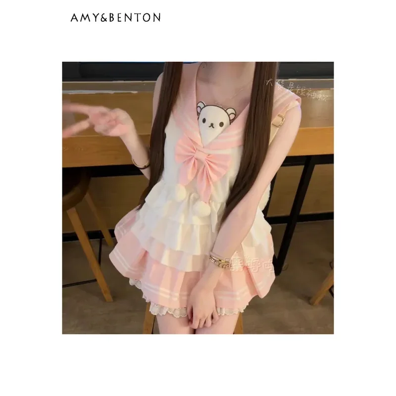 

25COSSweet Japanese Jk Uniform Suit Cute Navy Collar Cartoon Print Multi-layer Ruffle Edge Sleeveless Shirt Mini Skirt Two-piece