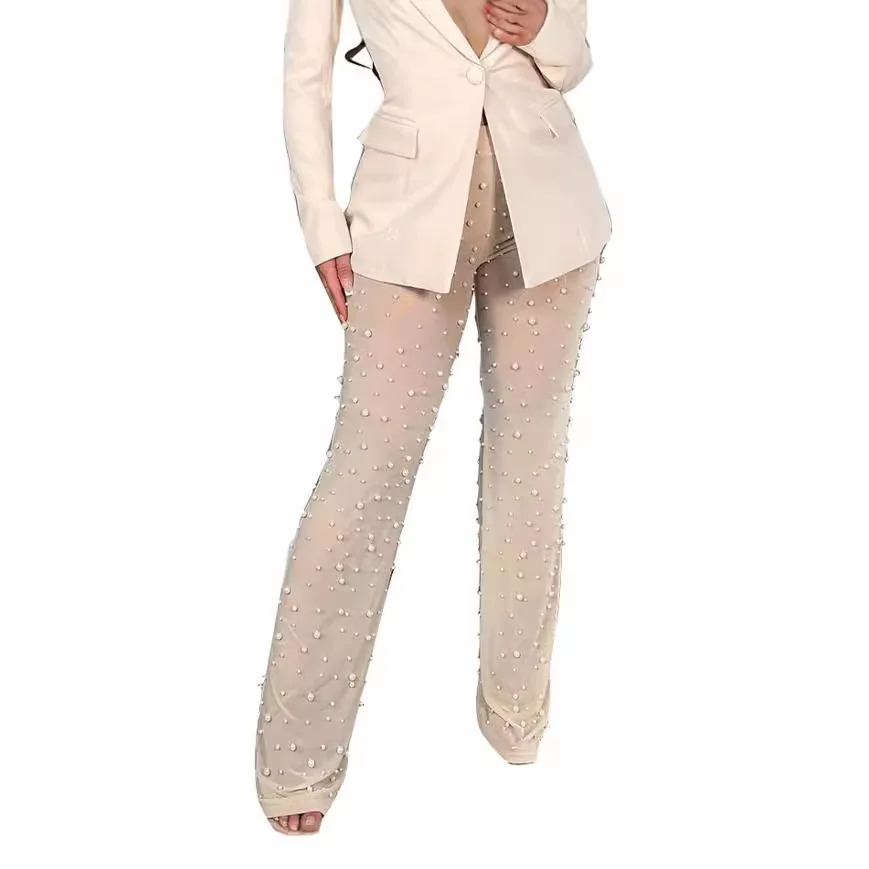 Pantaloni svasati ricamati alla moda casual slim in maglia bianca spricot nera da donna di nuova moda con pantaloni lunghi con mutande