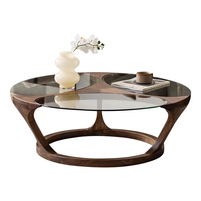 

Solid wood special-shaped glass coffee table walnut new Chinese wabi-sabi minimalist living room round tea table