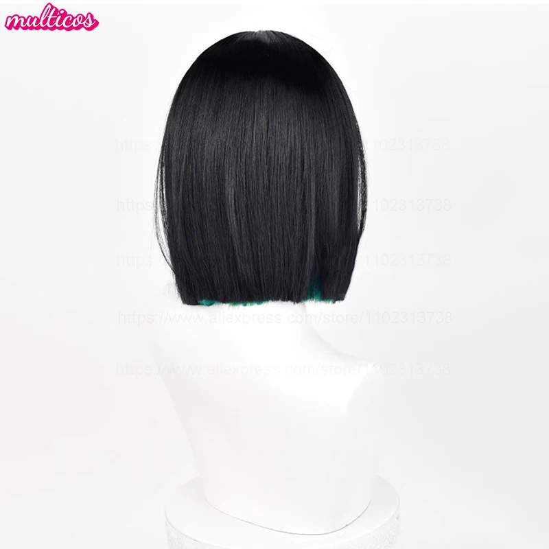 High Quality Anime Sua Cosplay Wig 30cm Black Green Mixed Bobo Heat Resistant Synthetic Hair Halloween Role Play Wigs + Wig Cap image 5