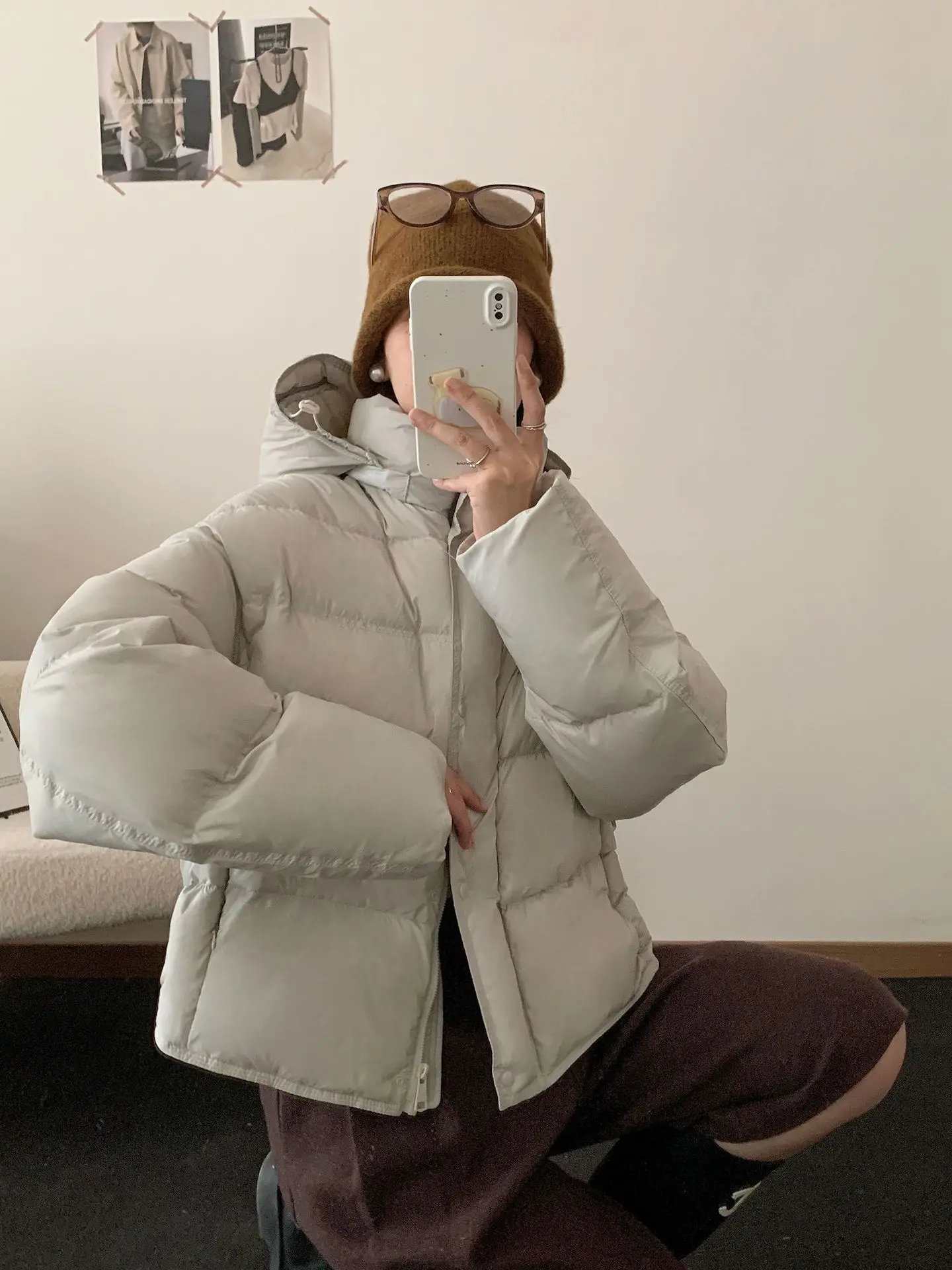 Korean Cropped Hooded Down Jacket for Women Winter Thickened White Duck Down Coats Woman Solid Color All Match Puffer Jackets