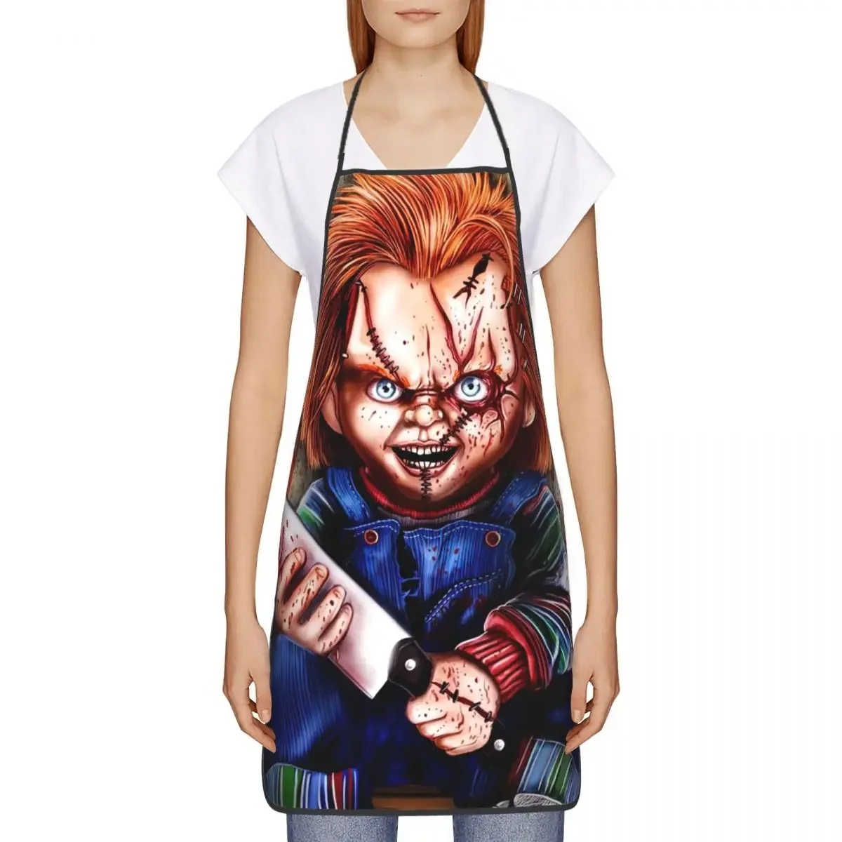 Unisex Horror Killer Chucky Bib Apron Adult Women Men Chef Tablier Cuisine for Kitchen Cooking Child's Play Movie Painting