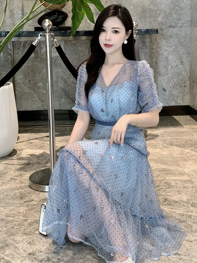 New Fashion Dot Flocking Mesh Fluffy Birthday Party Dress Women Double V-neck Butterfly Embroidery Summer Dress 2024
