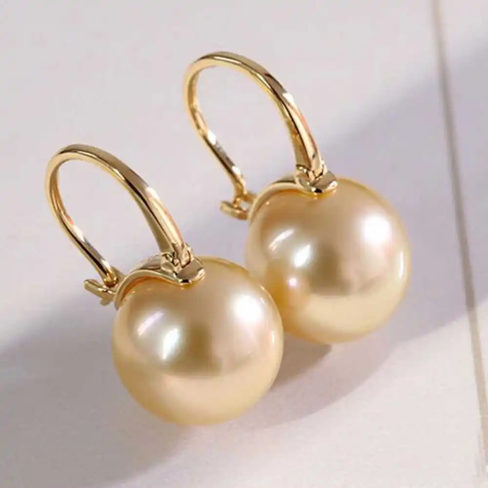 Lucky 12MM Champagne Shell Pearl Stud Earrings Aquaculture Wedding Jewelry Hook