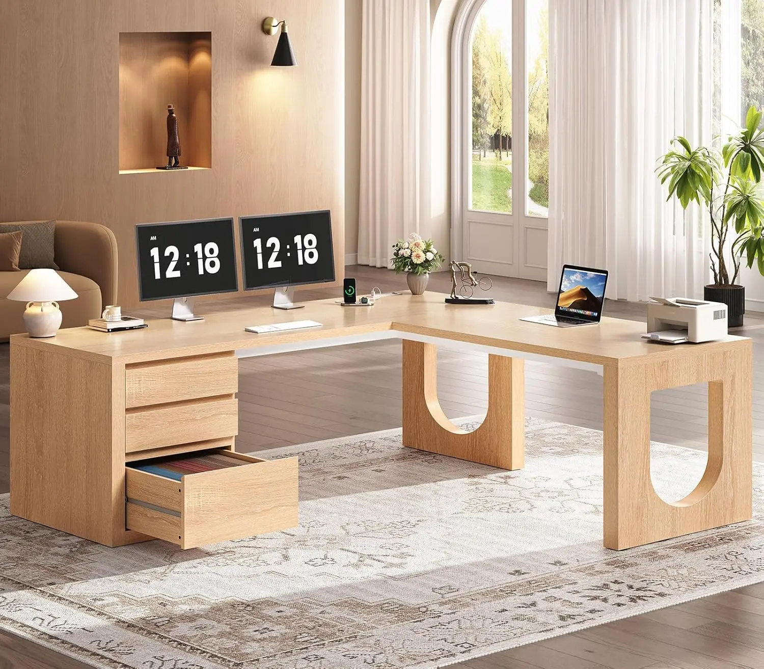 

63" L Shaped Desk with 3 Drawers, Modern Executive Office Desk with File Drawer, Wood Corner Computer Desk with, Customized