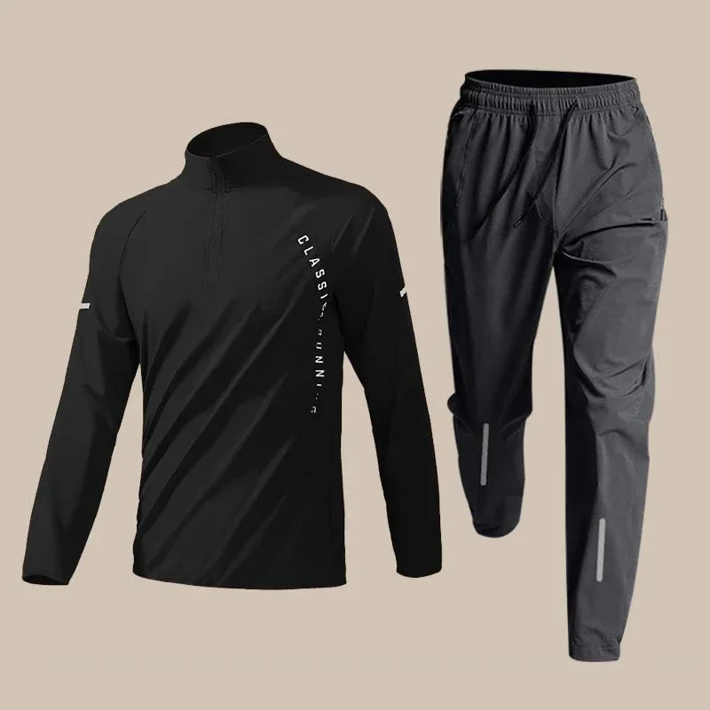 Autumn Sports Casual Versatile Half Zipper Training Long Sleeve Running Set Men's Stand Neck Letter Pocket Quick Drying T-shirt