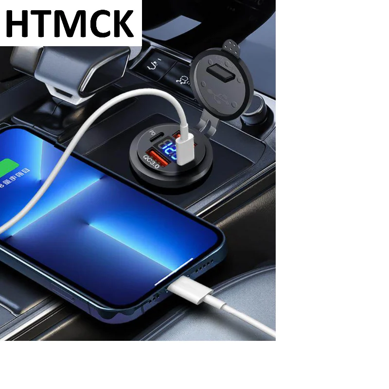 Carregador USB Duplo PD QC3.0 96W para Carro e Moto com Voltímetro, Tomada de Energia à Prova d'Água para Carros, Barcos, Caminhões e Motos 12V/24V