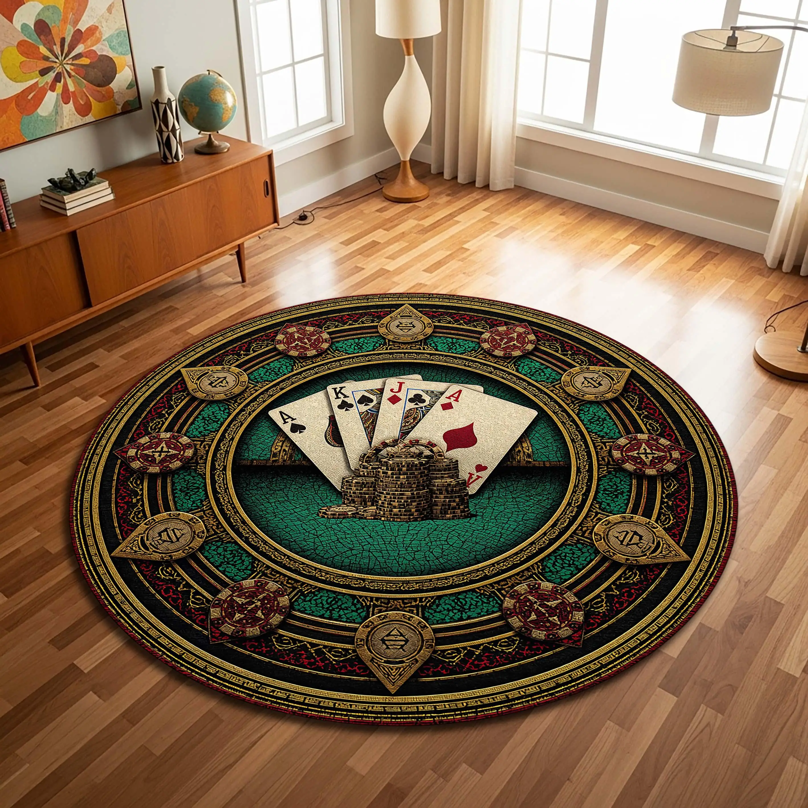 Vintage Poker Card Casino Chip Mandala print Round Rug,Living Room Sofa,Game Room,Study Chair home decor Non Slip Rug Present