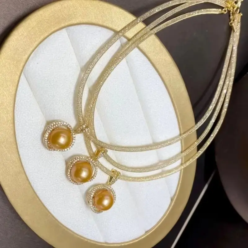 Exquisite Oversized AAAA 11-12mm South Sea Gold Pearl Pendant Necklace 18 Inches 925S Sterling Silver for Women