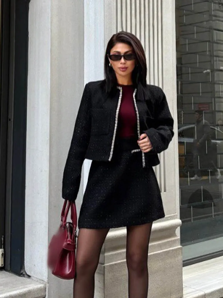 HH Women Summer Skirt Suit Rhinestone Decoration O-Neck Long Sleeve Cardigan Coat+Zipper Pockets Elastic Waist Mini Skirt