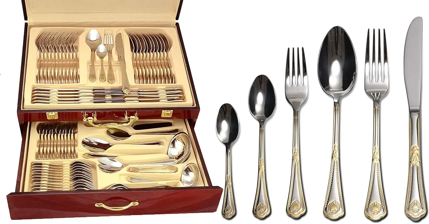 

75-Piece Gold Flatware Set Dining Service For 12 - Premium 18/10 Stainless Steel - 24K Gold Plated Trim - Silverware Serving