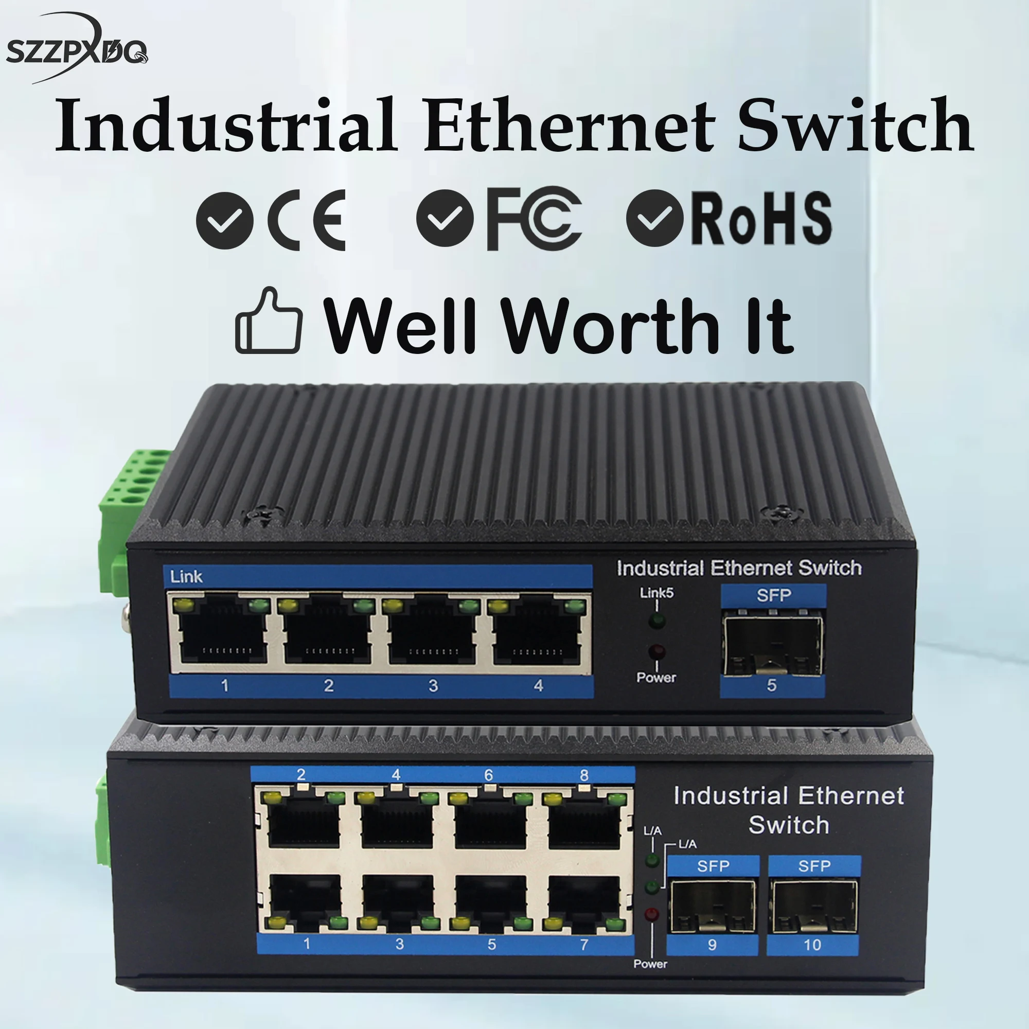 

Mini Industrial Gigabit Ethernet Switch 1–10 Ports RJ45 + SFP, Wide Temp -40℃ to +80℃, IP40 Housing, DIN Rail Mount