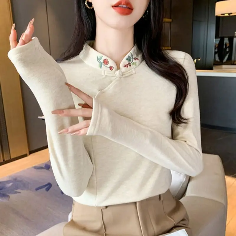 Chinese Style Women Clothes Embroidered Autumn Mock Neck Long Sleeve T-Shirt Fashion All-match Solid Color Bottoming Shirt Tops