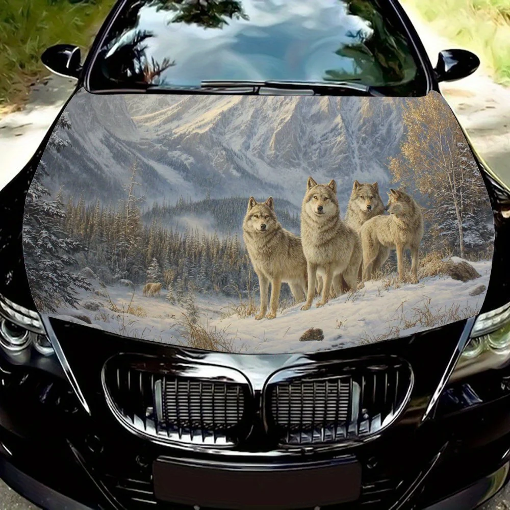Wolf Pack in Snow Art PVC Car Vinyl Wraps, Self-Adhesive Waterproof Car Hood Decal Sticker, Car Decoration Protection Stickers f