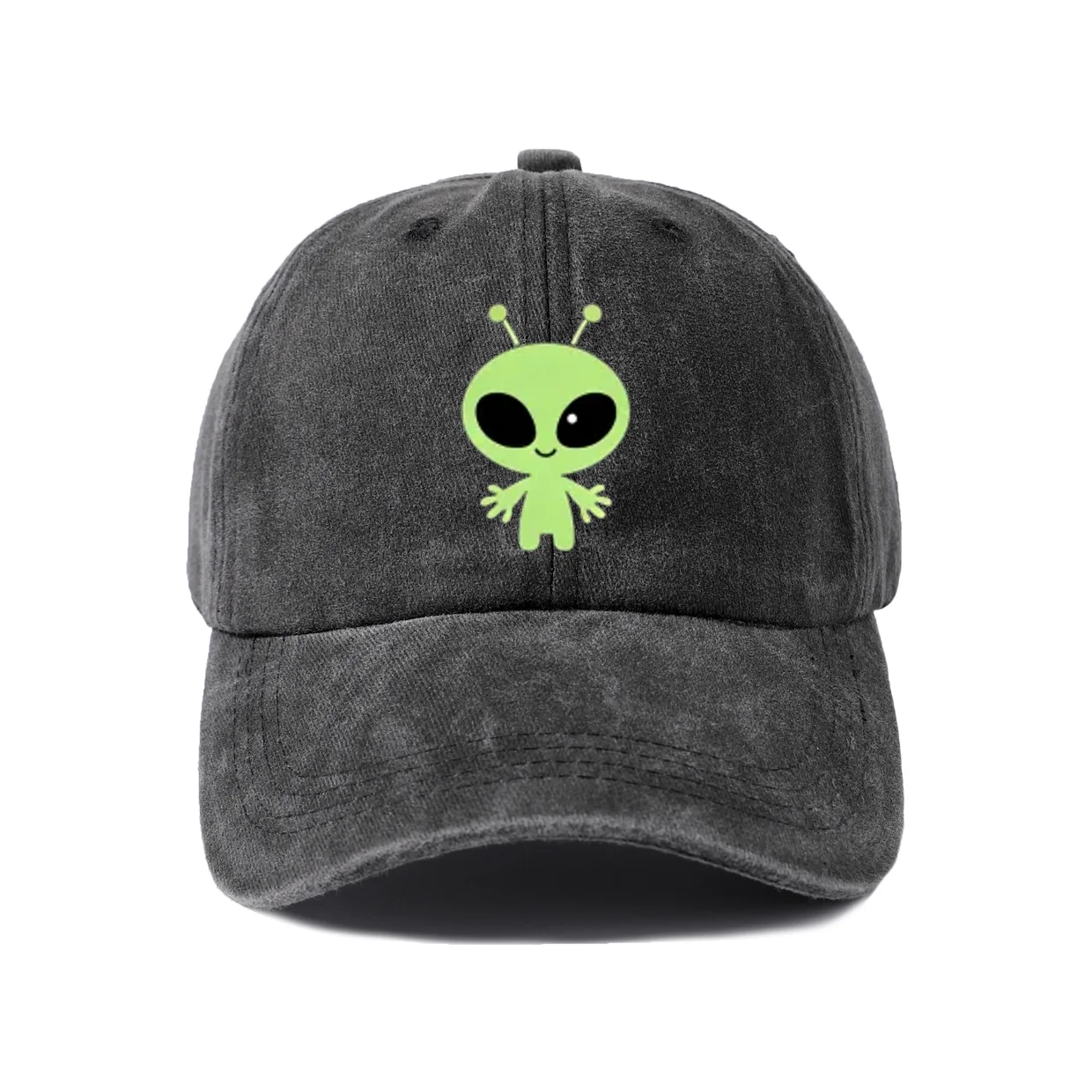 Green Alien Character Graphic Baseball Cap, Vintage Washed Adjustable Unisex Dad Hat, Casual Gift