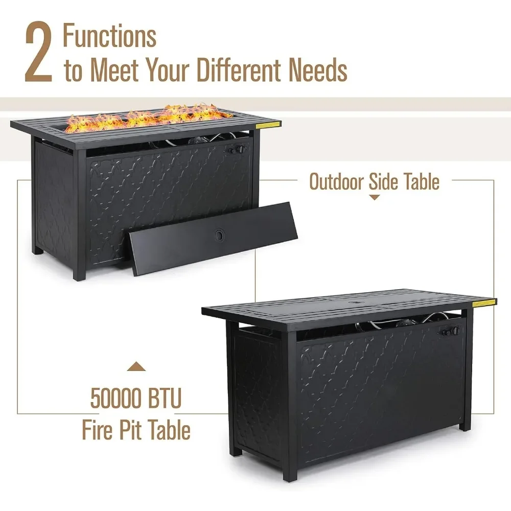 4 Pieces Patio Conversation Set, 45 Rectangular Propane Fire Table, 3-Seat Sofa, 2 Swivel Chair, All Weather Metal Furniture Set