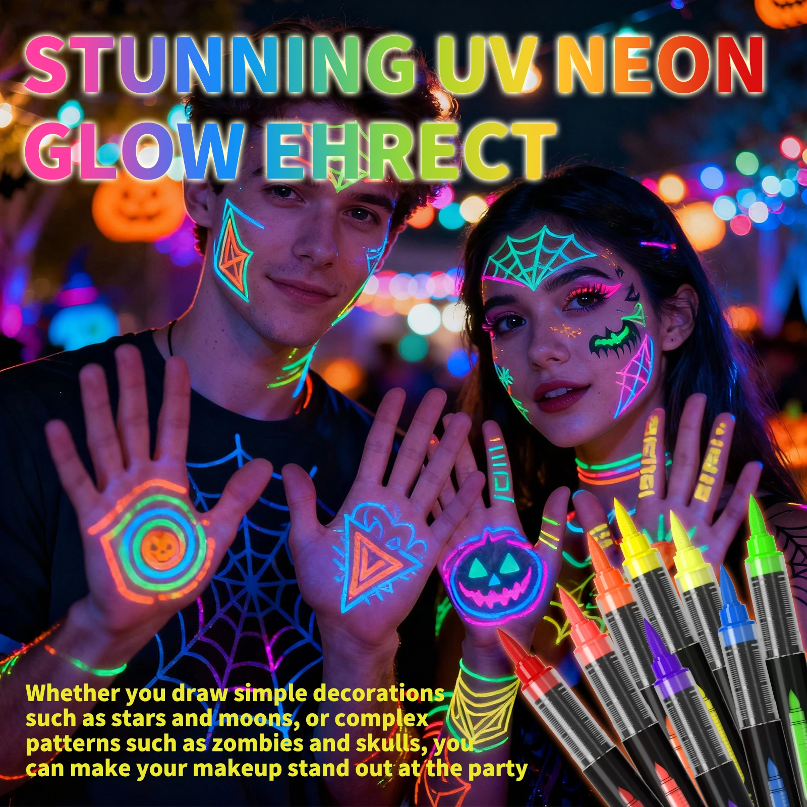 8-Color Uv Fluorescent Markers, Body Fluorescent Paint Pens, Eco-Friendly Washable Liquid Soft-Tip Tattoo Pens, Festival Escape Room Party Skin Painting Graffiti Fluorescent Pens