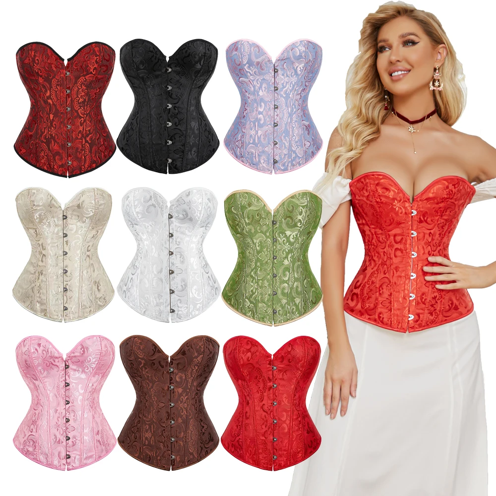 

Jacquard Overbust Corset Chest Binder Waist Bustier Top Lace Up Boned Korset Outfits