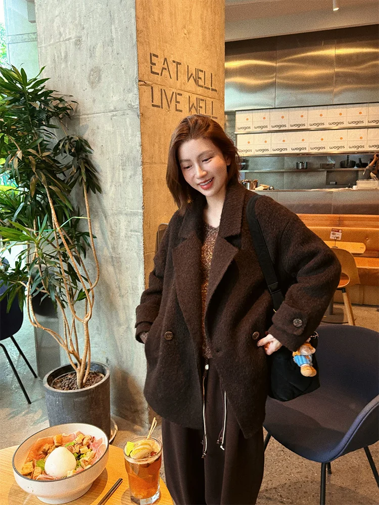 

Утепленное пальто из ультраплюшевой шерсти альпака для женщин, средней длины, двустороннее, твидовое, теплое, с длинными рукавами и отложным воротником