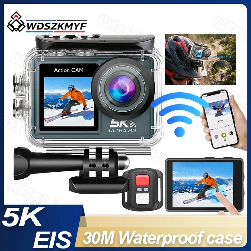 5K/4K Action Camera Anti-shake Dual Screen with Touch 5X Zoom 30M Waterproof Case WiFi Mini Sports Cam with Remote Control