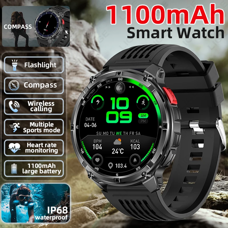 

LIGE 2025 Новинка 1100 мАч Смарт-часы с большой батареей IP68 Водонепроницаемый компас Bluetooth Вызов Спортивный трекер Военные GPS Смарт-часы Мужские