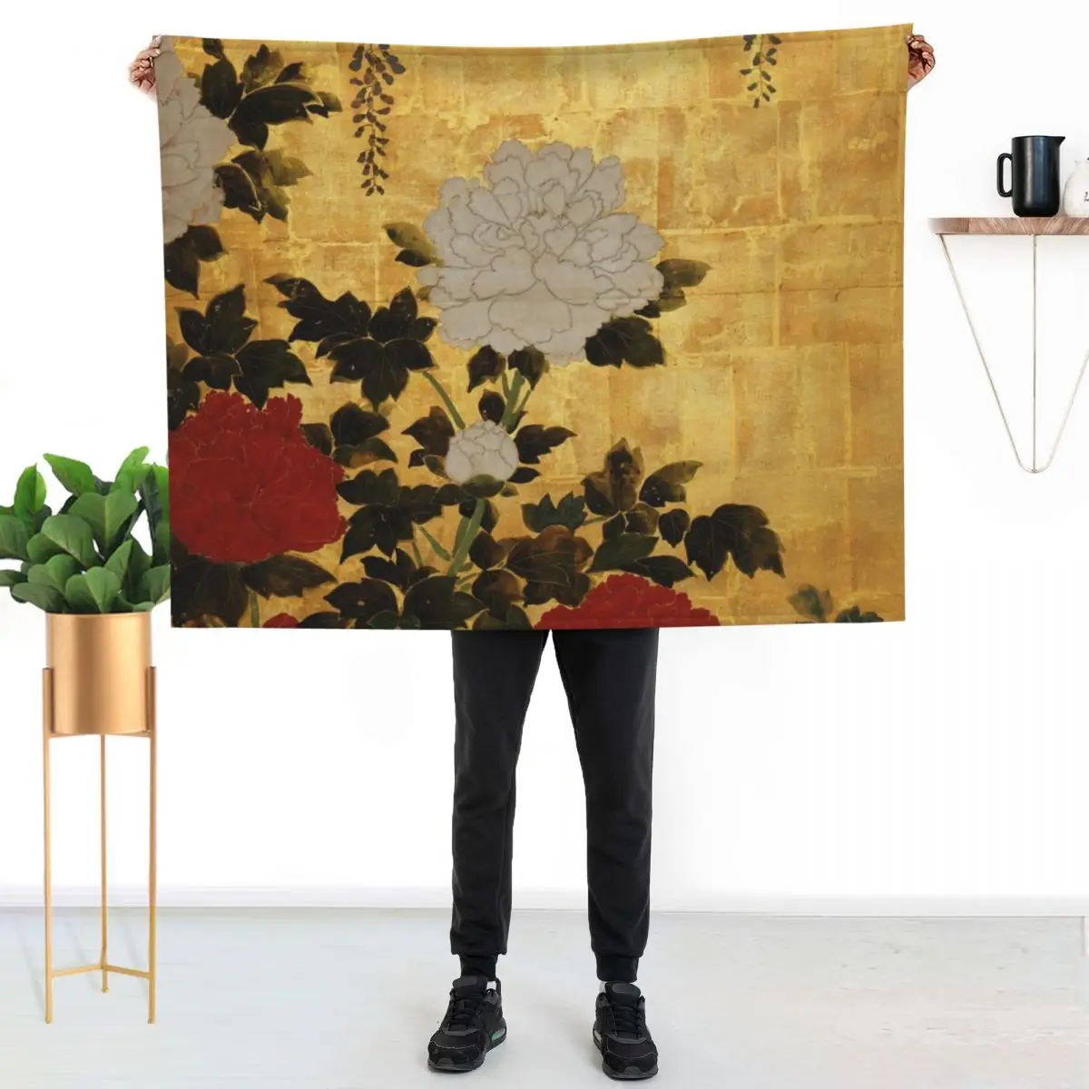 Vintage Japanese Floral Gold Leaf Screen With Wisteria and Peonies Throw Blanket Hairys Decoratives Camping Blankets