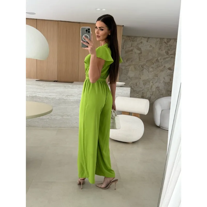 Tutina lunga elegante tinta unita moda donna sexy scollo a V manica corta tuta dritta tuta con lacci a vita alta