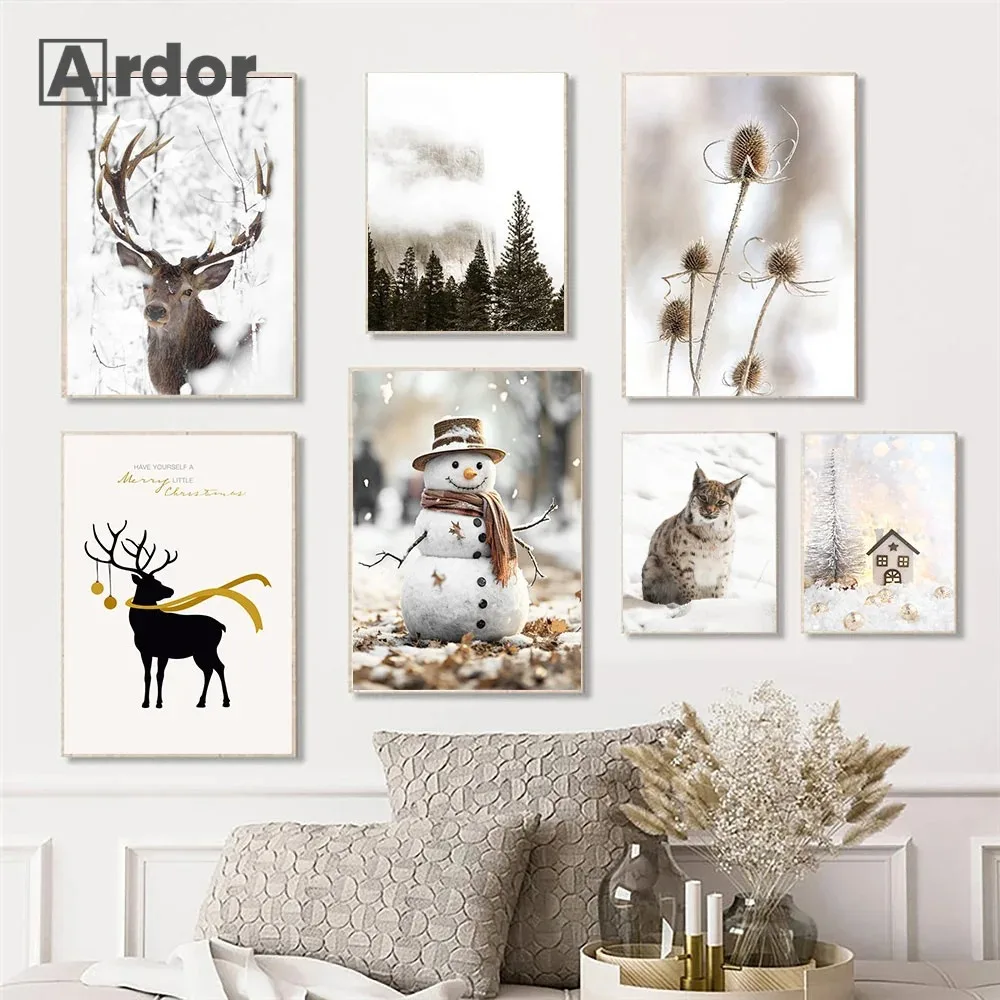 Christmas Gift Winter Snow Pine Tree Deer Wall Art Canvas Painting Elk Snowman Poster Print Picture Living Room Home Decor