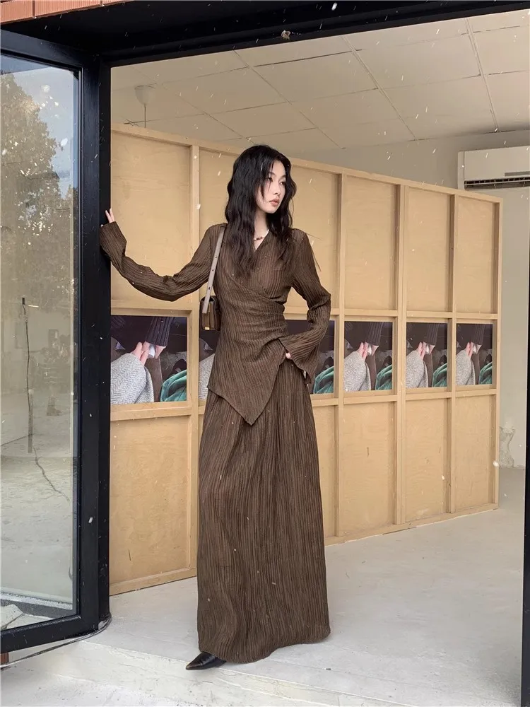 REDDACHiC Brown Pleated Blouse Skirt 2-piece Set V-neck Irregular Bandage Wrap Top Elastic Waist Maxi Long Skirt Casual Workwear