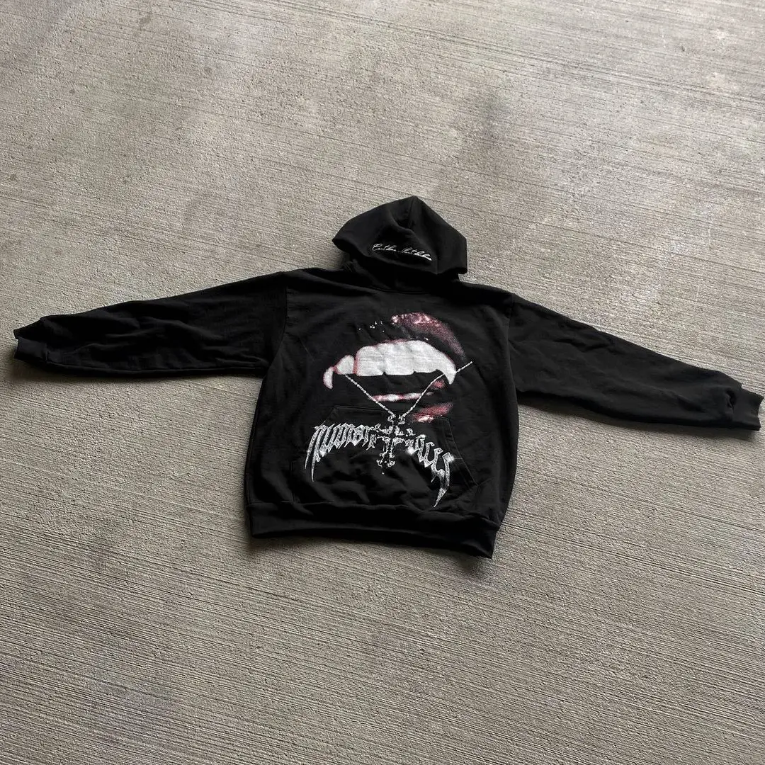 Y2K debuts casual black loose fallen angel print hoodie on the whole network, European and American student couple explosive top