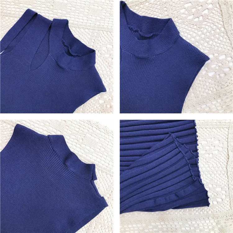 하프 하이 칼라 민소매 탱크 스커트, 레트로 스타일, 불규칙한 할로우, 허리, 큰 스윙, 이너 롱 스커트, 가을 및 겨울