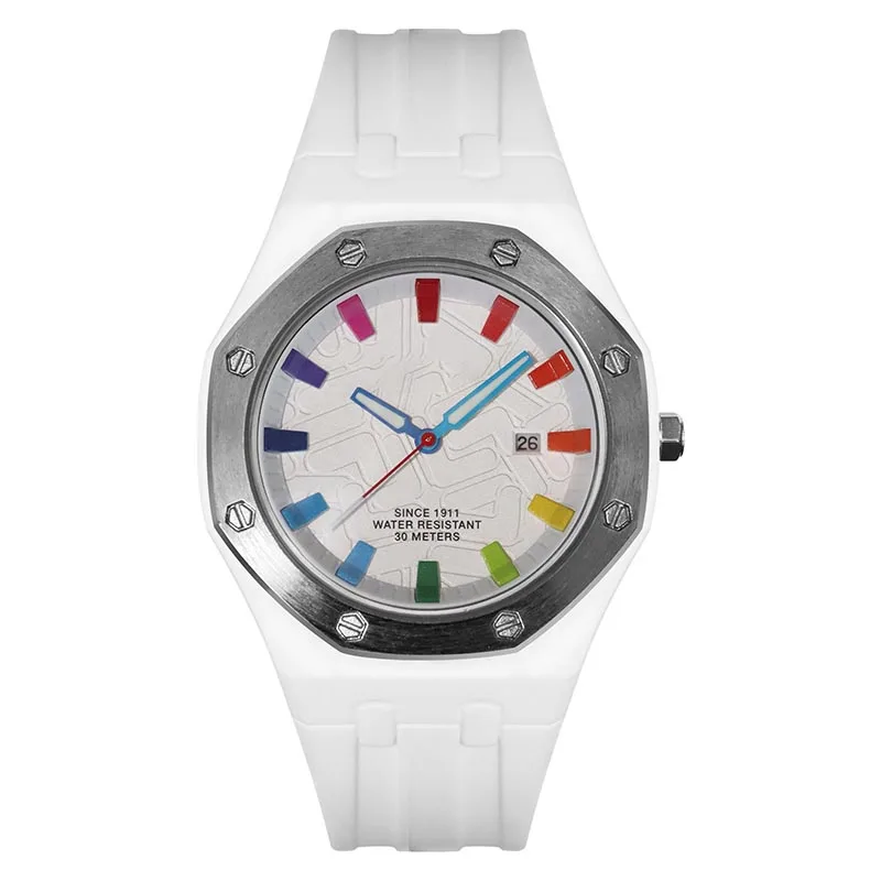 Italian Brand Fashion Casual Rainbow Scale Silicone Strap Watch for Women Men 30M Waterproof Calendar Display Quartz Wristwatch