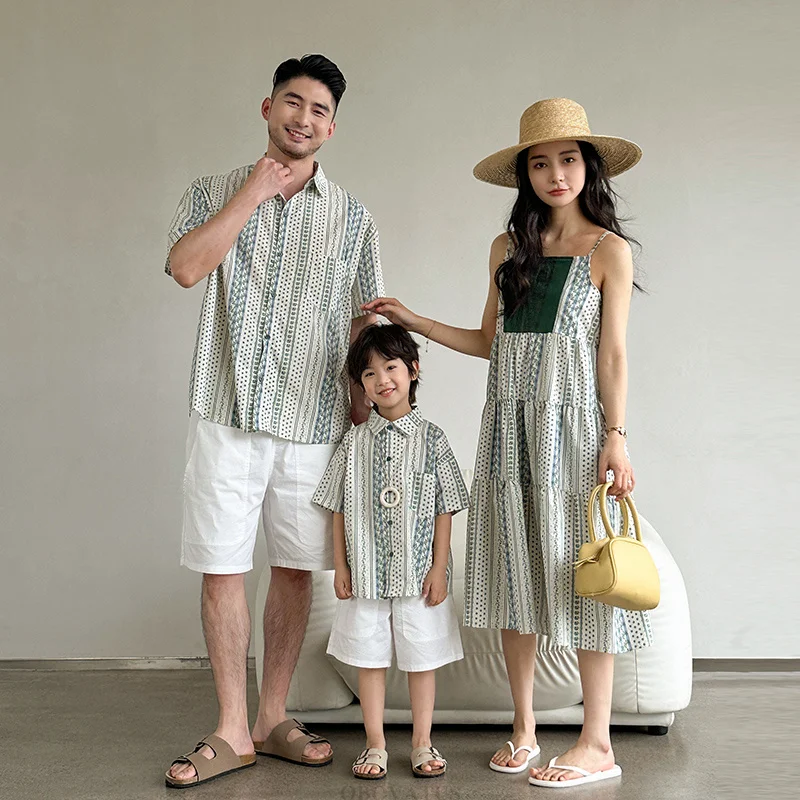 Family Look Matching Outfit Shirts Shorts Set for Dad Son Mother Daughter Beach Dresses Mommy and Me Clothes Mom Son Outfits Set