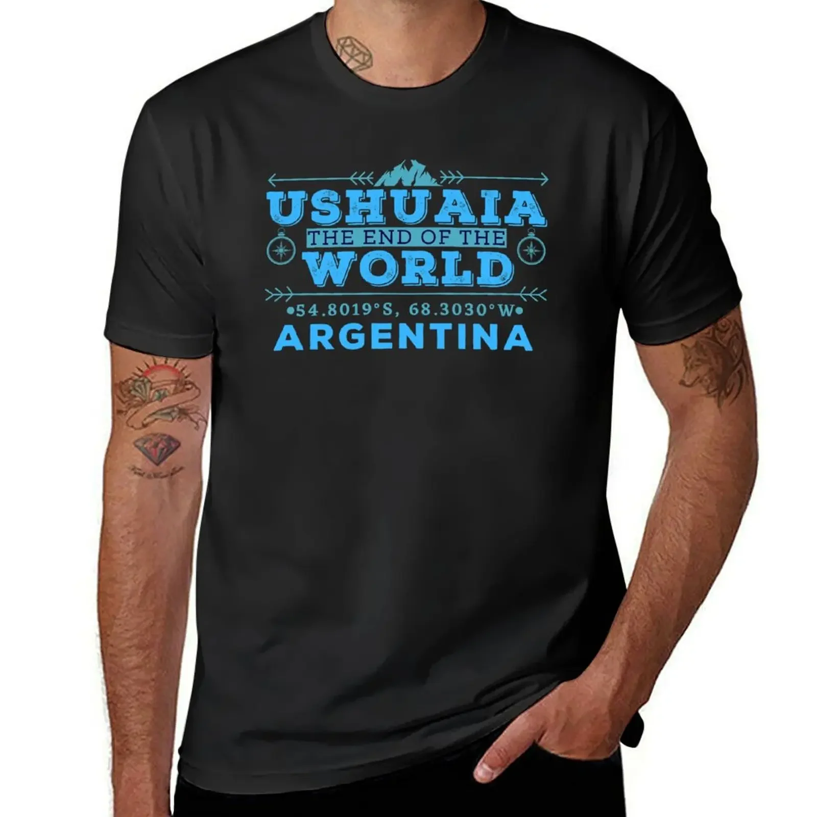 

Ushuaia Argentina The End of the World GPS Coordinates T-Shirt summer tops blue archive plain t shirts men