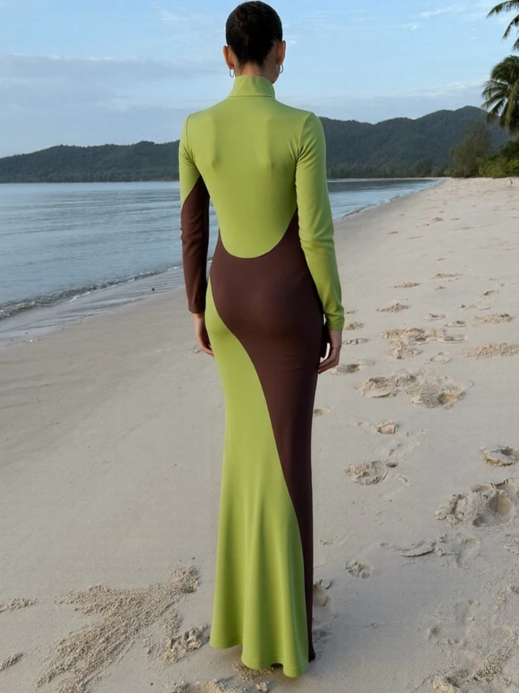 Sisterlinda Kontrast Patchwork Kleid Frau Herbst Trend Rollkragen Volle Hülse Dünne Stretch Casual Mode Elegante Vestidos