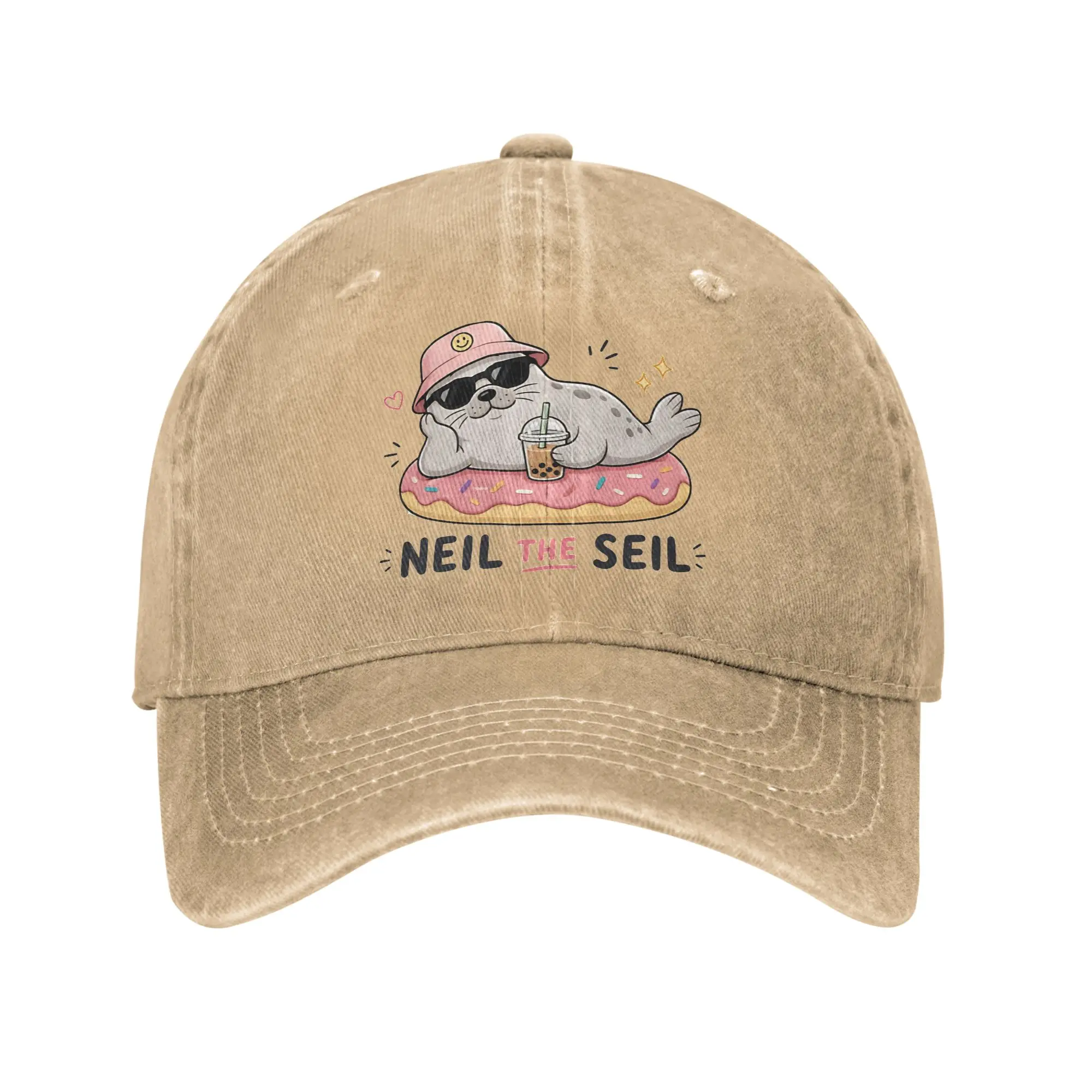 Neil The Seil Donut Float and Bubble Tea Seal Baseball Caps Vintage Distressed Washed  Snapback Hat Unisex Adjustable Caps Hat
